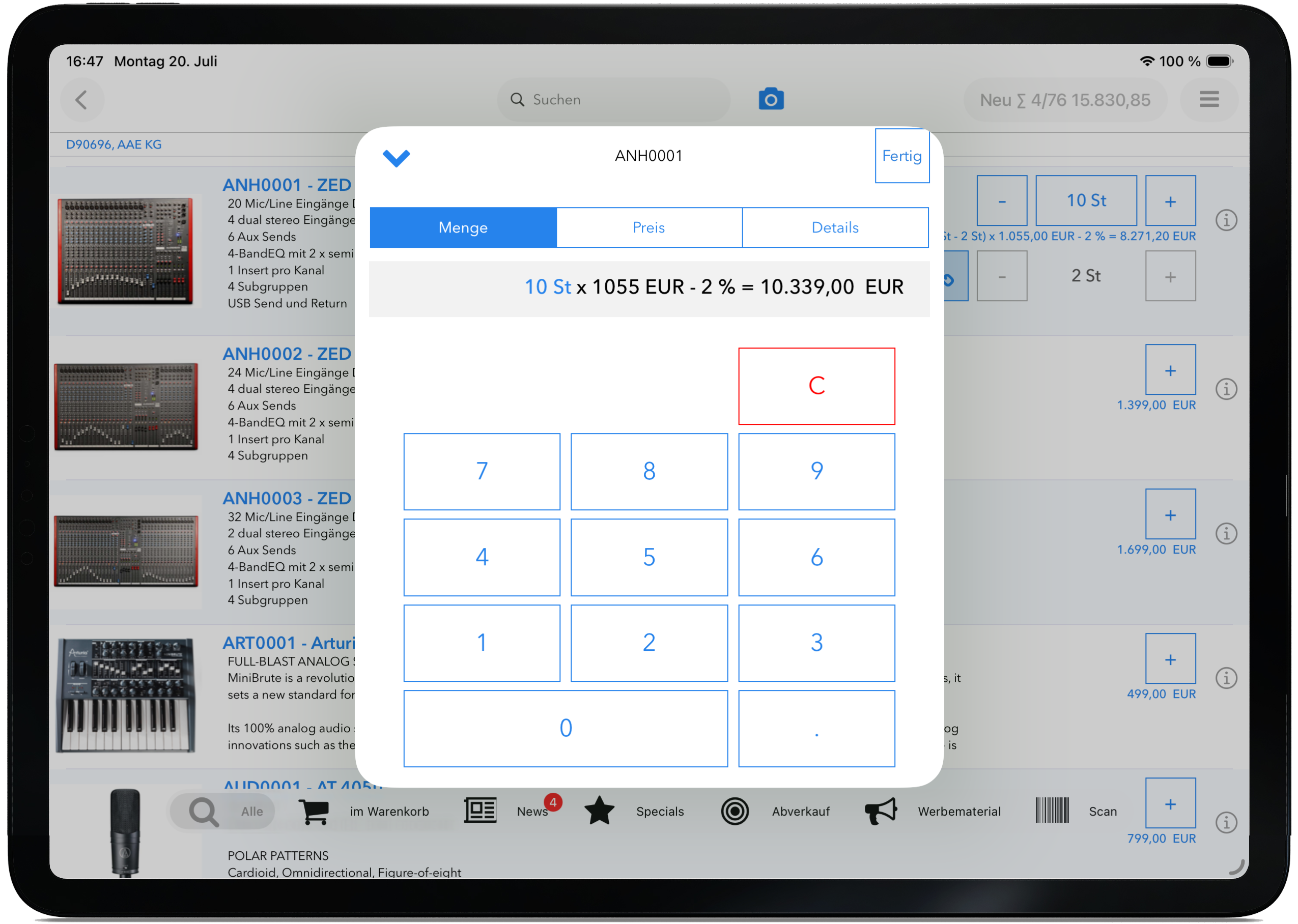 iPad: integrierter Taschenrechner