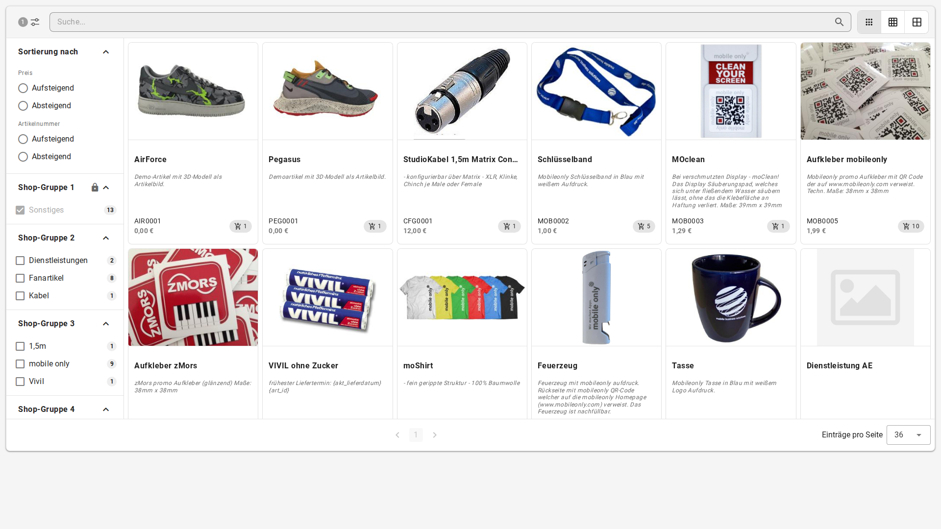 Produktkatalog mit Artikeln, Warengruppen und Suche