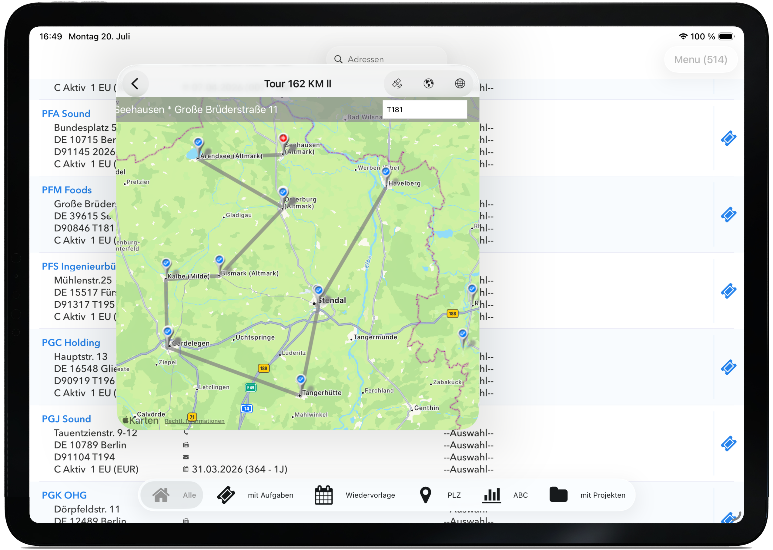 iPad: Kartenansicht mit Kunden und Route
